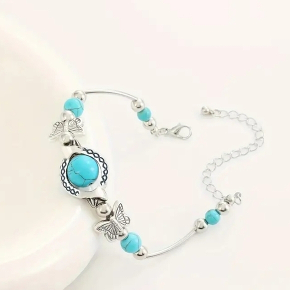 Trendy Turquoise Decor Butterfly Charm Bracelet, Vintage Style - Picture 1 of 6